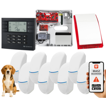 SYSTEM ALARMOWY GENEVO PRiMA64Q LCD GY-WH 8 CZUJEK BINGO PLUS SP-4001R 7Ah