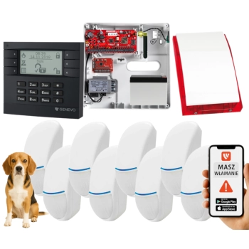 SYSTEM ALARMOWY GENEVO PRiMA64Q LCD GY-WH 8 CZUJEK BINGO PLUS SP-4001R 7Ah