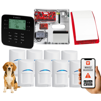 SYSTEM ALARMOWY GENEVO PRiMA64Q LCD SL BK 8 CZUJEK BOSCH PET SP-4001R 7Ah