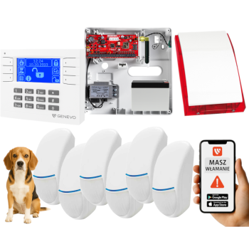 SYSTEM ALARMOWY GENEVO PRiMA64Q LCD WH-BL 6 CZUJEK BINGO PLUS SP-4001R 7Ah