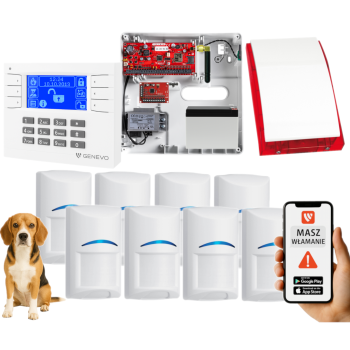 SYSTEM ALARMOWY GENEVO PRiMA64Q LCD WH-BL 8 CZUJEK BOSCH PET SP-4001R 7Ah