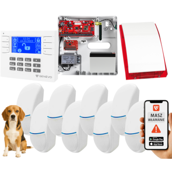 SYSTEM ALARMOWY GENEVO PRiMA64Q LCD WH-BL 8 CZUJEK BINGO PLUS SP-4001R 7Ah