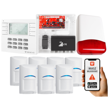 SYSTEM ALARMOWY GENEVO PRiMA64LTE BOX + Manipulator LCD WH-WH + 7 CZUJEK BOSCH