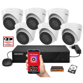 ZESTAW MONITORINGU IP HikVision 2MPx – 6 Kamer Kopułkowych, Dysk 1TB, PoE, Zdalny Dostęp