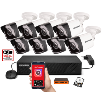 ZESTAW MONITORINGU IP HikVision 2MPx – 8 Kamer Tubowych, Dysk 1TB, PoE, Zdalny Dostęp