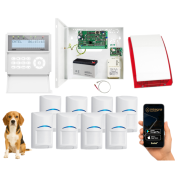 ZESTAW ALARMOWY SATEL INTEGRA 32 INT-GSM INT-KLCD-W 8x BOSCH PET SP-4001R
