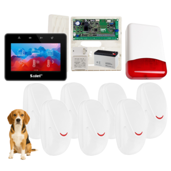 ZESTAW ALARMOWY SATEL VERSA 10 + PANEL DOTYKOWY INT-TSG2R-B + 7 CZUJEK SMILE 21/P PET 15kg + SYRENA TI700