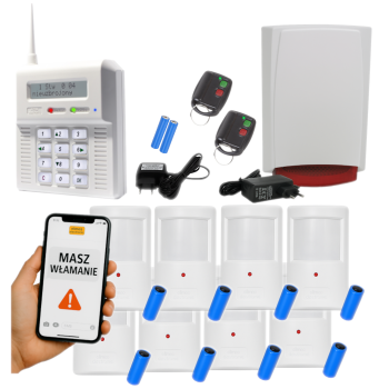 ZESTAW BEZPRZEWODOWY ELMES CB32GB + 8 CZUJEK PTX50 + 2 PILOTY DWB100HT + SYGNALIZATOR WSS GSM