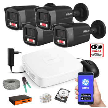 ZESTAW MONITORINGU IP Dahua 4MPx – 4 Kamery Tubowe Czarne, Dysk 1TB, PoE, Zdalny Dostęp, Akcesoria