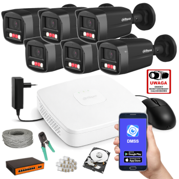 ZESTAW MONITORINGU IP Dahua 4MPx – 6 Kamer Tubowych Czarnych, Dysk 1TB, PoE, Zdalny Dostęp, Akcesoria