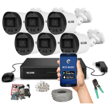 ZESTAW MONITORINGU 5MPx BCS Basic - 6 Kamer Tubowych, Obiektyw stały, IR, Zdalny dostęp + Akcesoria