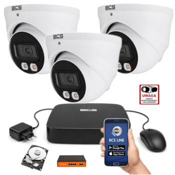 ZESTAW MONITORINGU IP BCS 4MPx – 3 Kamery Kopułkowe, Obiektyw stały, Dysk 1TB, Switch PoE, Zdalny Dostęp