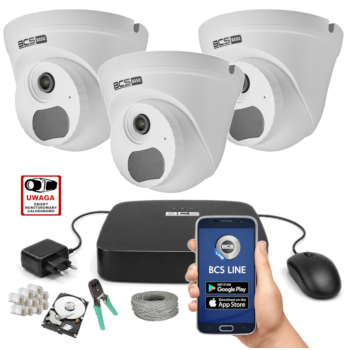 ZESTAW MONITORINGU IP BCS Basic 4MPx – 3 Kamery Kopułkowe, PoE, Zdalny Dostęp, Akcesoria