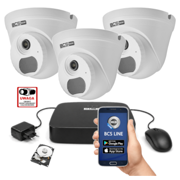 ZESTAW MONITORINGU IP BCS Basic 4MPx – 3 Kamery Kopułkowe, Dysk 1TB, PoE, Zdalny Dostęp