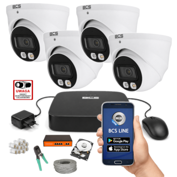 ZESTAW MONITORINGU IP BCS 4MPx – 4 Kamery Kopułkowe, Obiektyw stały, Switch PoE, Zdalny Dostęp, Akcesoria