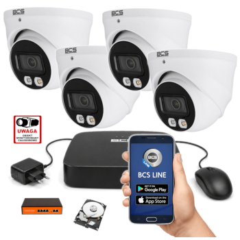 ZESTAW MONITORINGU IP BCS 4MPx – 4 Kamery Kopułkowe, Obiektyw stały, Dysk 1TB, Switch PoE, Zdalny Dostęp