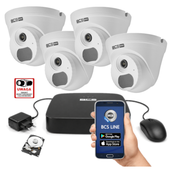ZESTAW MONITORINGU IP BCS Basic 4MPx – 4 Kamery Kopułkowe, Dysk 1TB, PoE, Zdalny Dostęp