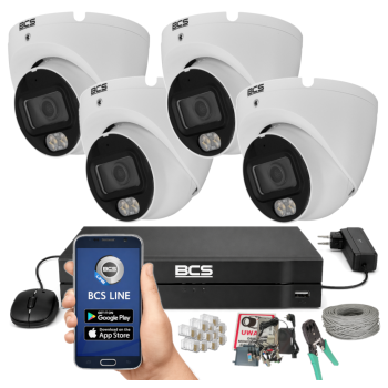 ZESTAW MONITORINGU BCS 5Mpx - 4 Kamery Kopułkowe Białe, Obiektyw stały 2,8mm, Dysk 1TB, IR, Zdalny dostęp, Akcesoria