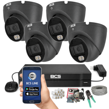 ZESTAW MONITORINGU BCS 5Mpx - 4 Kamery Kopułkowe Grafitowe, Obiektyw stały 2,8mm, Dysk 1TB, IR+LED, Zdalny dostęp, Akcesoria