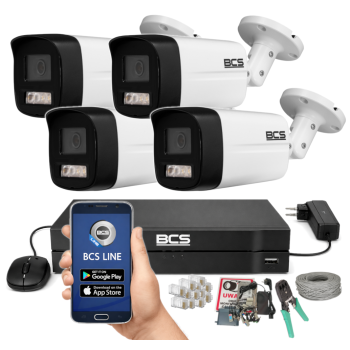 ZESTAW MONITORINGU BCS 5Mpx - 4 Kamery Tubowe Białe, Obiektyw stały 2,8mm, Dysk 1TB, IR+LED, Zdalny dostęp, Akcesoria