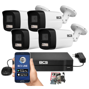 ZESTAW MONITORINGU BCS 5Mpx - 4 Kamery Tubowe Białe, Obiektyw stały 2,8mm, Dysk 1TB, IR+LED, Zdalny dostęp