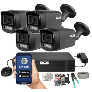 ZESTAW MONITORINGU BCS 5Mpx - 4 Kamery Tubowe Grafit, Obiektyw stały 2,8mm, Dysk 1TB, IR+LED, Zdalny dostęp, Akcesoria