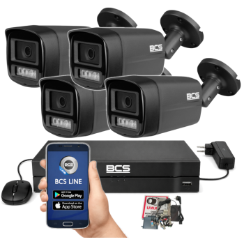 ZESTAW MONITORINGU BCS 5Mpx - 4 Kamery Tubowe Grafitowe, Obiektyw stały 2,8mm, Dysk 1TB, IR+LED, Zdalny dostęp