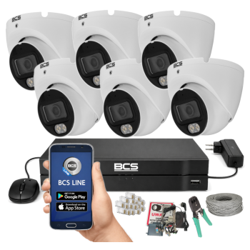 ZESTAW MONITORINGU BCS 5Mpx - 6 Kamer Kopułkowych Białych, Obiektyw stały 2,8mm, Dysk 1TB, IR, Zdalny dostęp, Akcesoria
