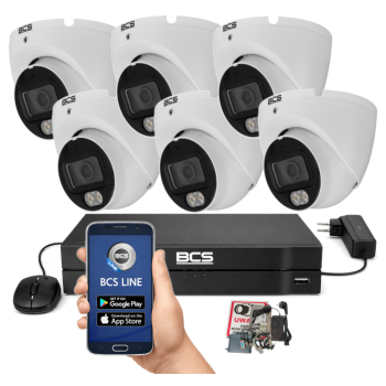 ZESTAW MONITORINGU BCS 5Mpx - 6 Kamer Kopułkowych Białych, Obiektyw stały 2,8mm, Dysk 1TB, IR, Zdalny dostęp
