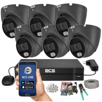 ZESTAW MONITORINGU BCS 5Mpx - 6 Kamer Kopułkowych Grafitowych, Obiektyw stały 2,8mm, Dysk 1TB, IR+LED, Zdalny dostęp, Akcesoria