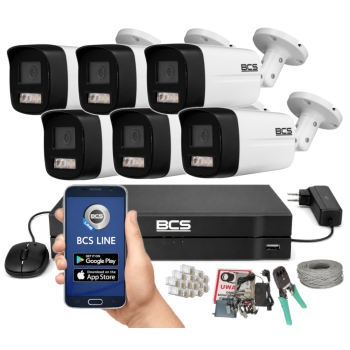 ZESTAW MONITORINGU BCS 5Mpx - 6 Kamer Tubowych Białych, Obiektyw stały 2,8mm, Dysk 1TB, IR+LED, Zdalny dostęp, Akcesoria