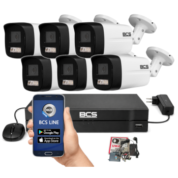 ZESTAW MONITORINGU BCS 5Mpx - 6 Kamer Tubowych Białych, Obiektyw stały 2,8mm, Dysk 1TB, IR+LED, Zdalny dostęp