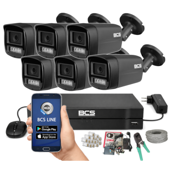 ZESTAW MONITORINGU BCS 5Mpx - 6 Kamer Tubowych Grafit, Obiektyw stały 2,8mm, Dysk 1TB, IR+LED, Zdalny dostęp, Akcesoria