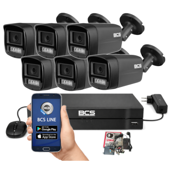 ZESTAW MONITORINGU BCS 5Mpx - 6 Kamer Tubowych Grafitowych, Obiektyw stały 2,8mm, Dysk 1TB, IR+LED, Zdalny dostęp