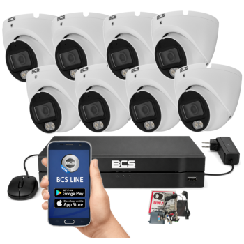 ZESTAW MONITORINGU BCS 5Mpx - 8 Kamer Kopułkowych Białych, Obiektyw stały 2,8mm, Dysk 1TB, IR, Zdalny dostęp
