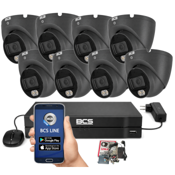 ZESTAW MONITORINGU BCS 5Mpx - 8 Kamer Kopułkowych Grafitowych, Obiektyw stały 2,8mm, Dysk 1TB, IR+LED, Zdalny dostęp