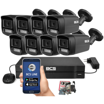 ZESTAW MONITORINGU BCS 5Mpx - 8 Kamer Tubowych Grafitowych, Obiektyw stały 2,8mm, Dysk 1TB, IR+LED, Zdalny dostęp