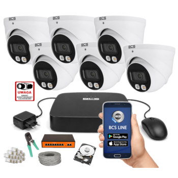 ZESTAW MONITORINGU IP BCS 4MPx – 6 Kamer Kopułkowych, Obiektyw stały, Switch PoE, Zdalny Dostęp, Akcesoria