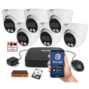 ZESTAW MONITORINGU IP BCS 4MPx – 6 Kamer Kopułkowych, Obiektyw stały, Dysk 1TB, Switch PoE, Zdalny Dostęp