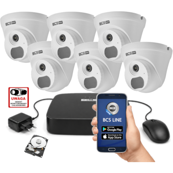 ZESTAW MONITORINGU IP BCS Basic 4MPx – 6 Kamer Kopułkowych, Dysk 1TB, PoE, Zdalny Dostęp