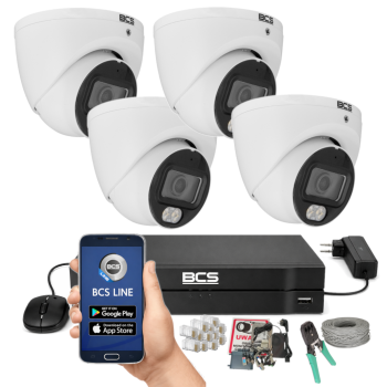ZESTAW MONITORINGU BCS 8Mpx - 4 Kamery Kopułkowe Białe, Obiektyw stały 2,8mm, Dysk 1TB, IR+LED, Zdalny dostęp, Akcesoria