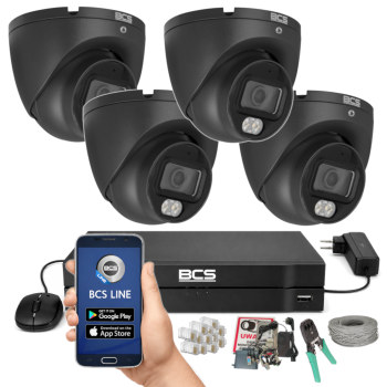 ZESTAW MONITORINGU BCS 8Mpx - 4 Kamery Kopułkowe Grafitowe, Obiektyw stały 2,8mm, Dysk 1TB, IR+LED, Zdalny dostęp, Akcesoria