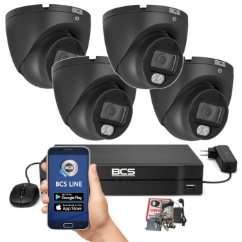 ZESTAW MONITORINGU BCS 8Mpx - 4 Kamery Kopułkowe Grafitowe, Obiektyw stały 2,8mm, Dysk 1TB, IR+LED, Zdalny dostęp