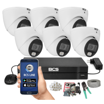 ZESTAW MONITORINGU BCS 8Mpx - 6 Kamer Kopułkowych Białych, Obiektyw stały 2,8mm, Dysk 1TB, IR+LED, Zdalny dostęp, Akcesoria