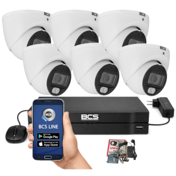 ZESTAW MONITORINGU BCS 8Mpx - 6 Kamer Kopułkowych Białych, Obiektyw stały 2,8mm, Dysk 1TB, IR+LED, Zdalny dostęp