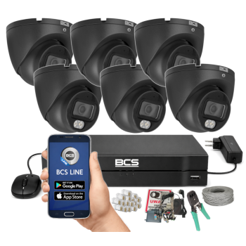 ZESTAW MONITORINGU BCS 8Mpx - 6 Kamer Kopułkowych Grafitowych, Obiektyw stały 2,8mm, Dysk 1TB, IR+LED, Zdalny dostęp, Akcesoria