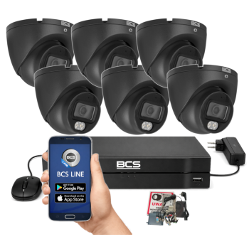 ZESTAW MONITORINGU BCS 8Mpx - 6 Kamer Kopułkowych Grafitowych, Obiektyw stały 2,8mm, Dysk 1TB, IR+LED, Zdalny dostęp
