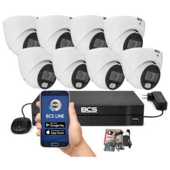 ZESTAW MONITORINGU BCS 8Mpx - 8 Kamer Kopułkowych Białych, Obiektyw stały 2,8mm, Dysk 1TB, IR+LED, Zdalny dostęp
