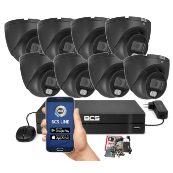 ZESTAW MONITORINGU BCS 8Mpx - 8 Kamer Kopułkowych Grafitowych, Obiektyw stały 2,8mm, Dysk 1TB, IR+LED, Zdalny dostęp