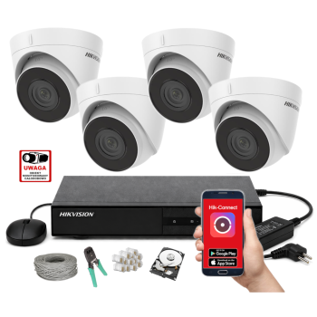 ZESTAW MONITORINGU IP HikVision 2MPx – 4 Kamery Kopułkowe, Dysk 1TB, PoE, Zdalny Dostęp, Akcesoria